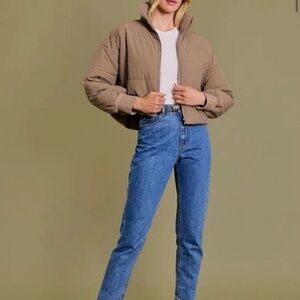 Cropped Taupe Puffer Jacket